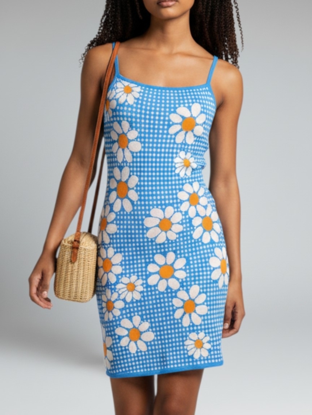 Zara Daisy Print Knit Dress Blue Gingham Floral Open Back Halter Mini Medium
